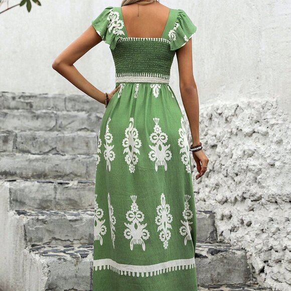 Green Boho Women's Printed Wrap Square Neckline Dress - Picture 3 of 6